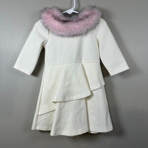 Janie and Jack Girls 2T Fur Collar Ponte Dress White Pink Long Sleeve Holidays